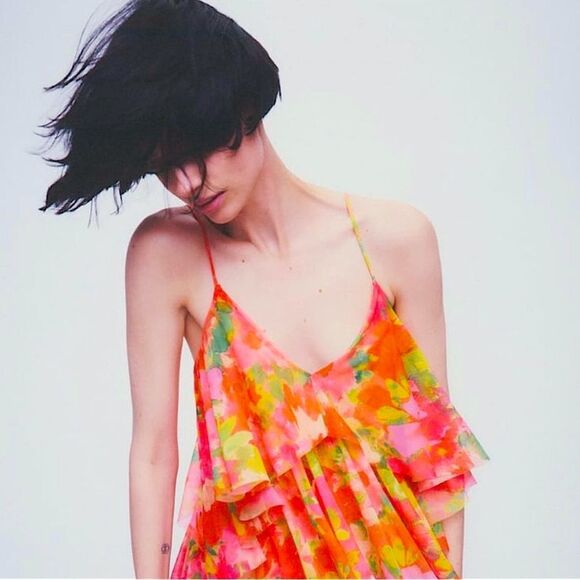 ZARA Printed Tiered Ruffle Mini Dress Size Large NWT  5 0447 - Picture 4 of 9